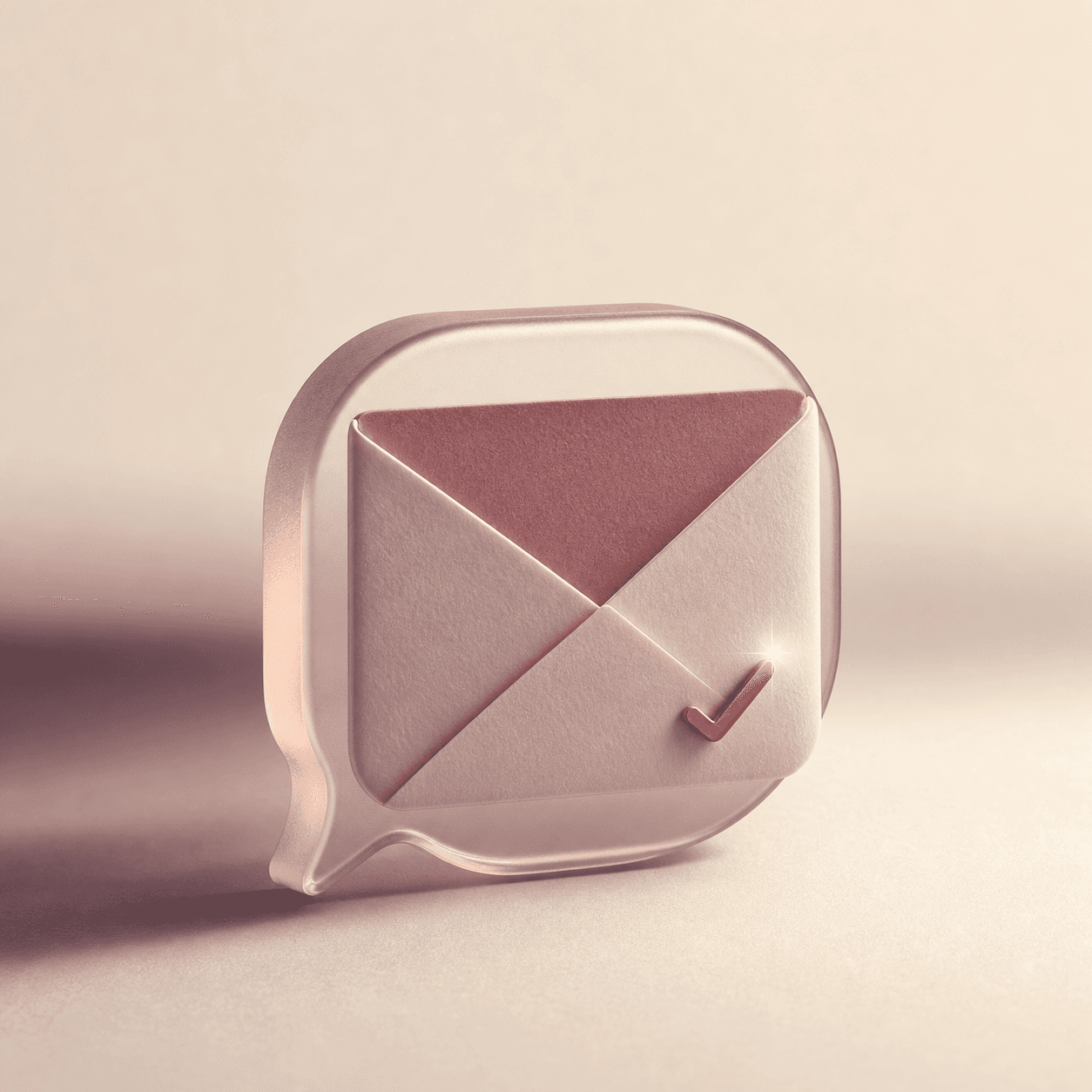 A translucent message envelope with a verification check