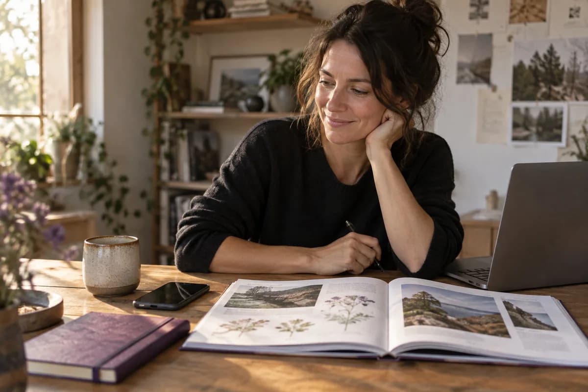 Independent expert beside a finished field guide and her workspace